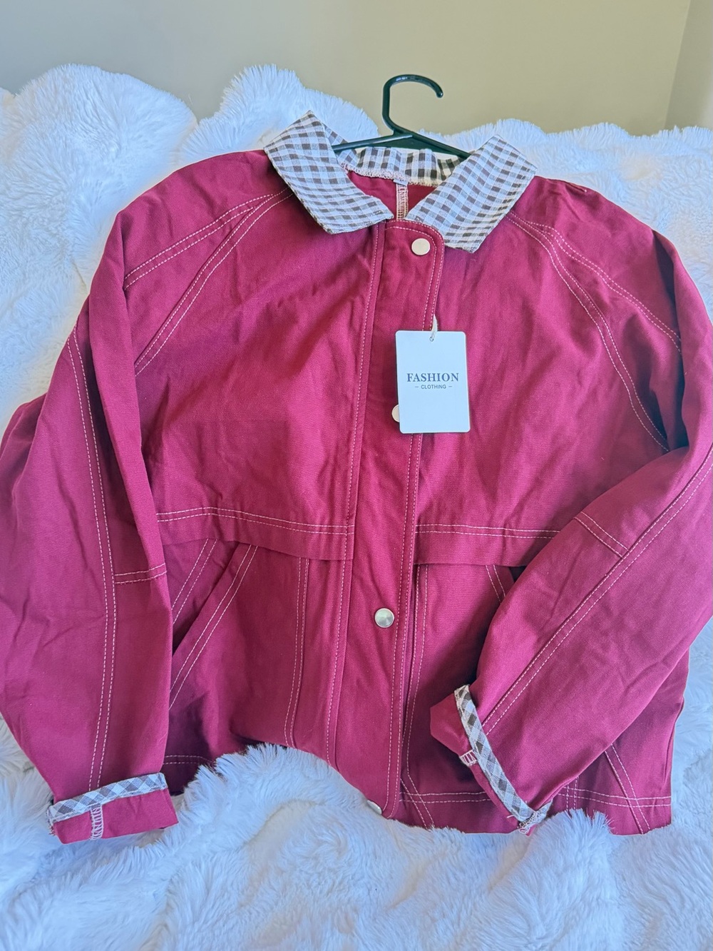 NWT Cropped Barn Jacket With Gingham Plaid Trim. Burgundy/Maroon. Size Small - Picture 3 of 12